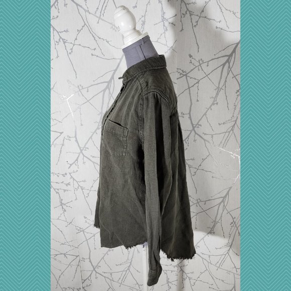 Storia Army Green Cotton Distressed Raw Hem Utility Shirt - Picture 2 of 4